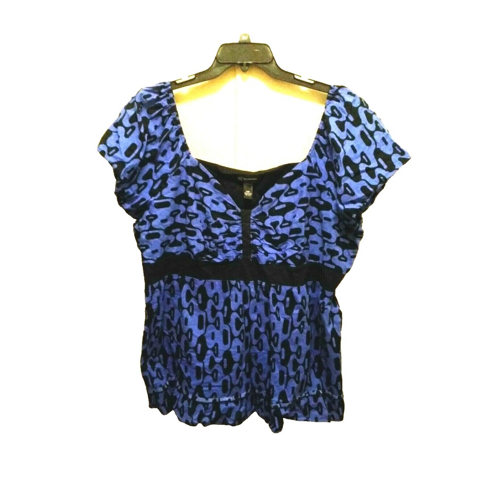 INC International Concepts Woman Geometric Babydoll Top Blue Black 24W Plus